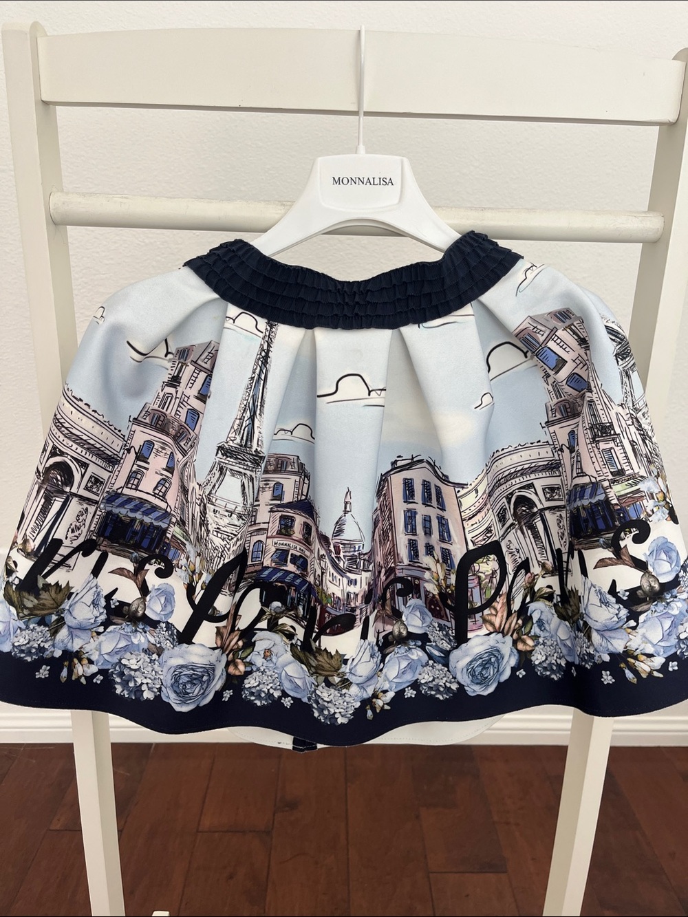 MonnaLisa Light Blue Parisian Scenic Circle Skirt with Navy Trim